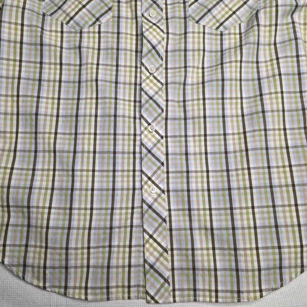 Billabong Men’s M White Olive Green Brown Blue Plaid Shirt SS Button Down